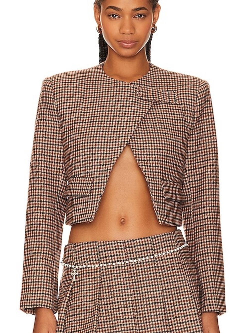 Cropped Houndstooth Blazer in Brown